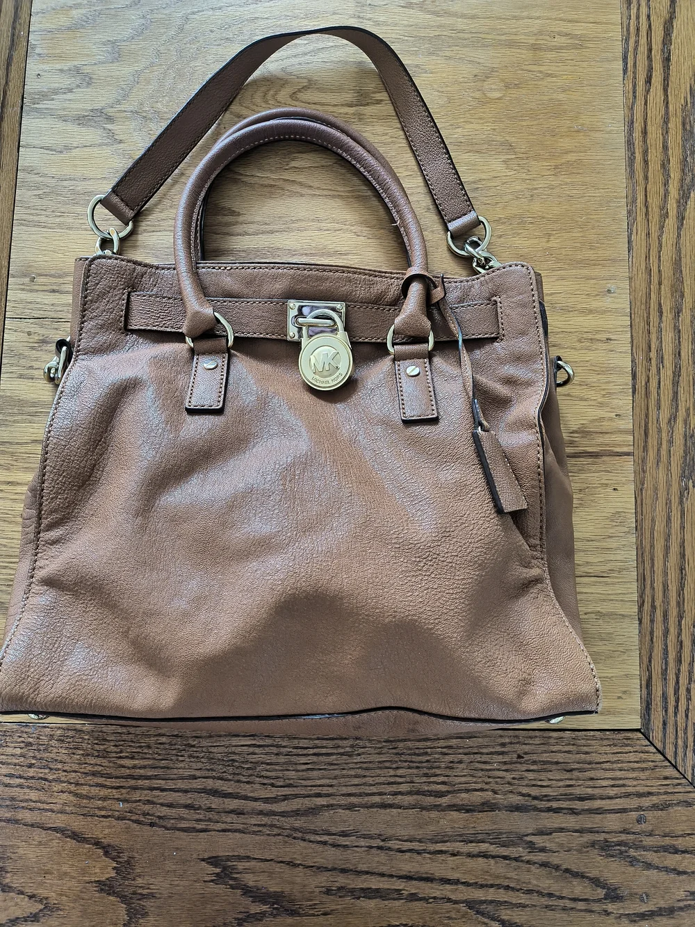 Michael Kors Chestnut Leather Satchel with Gold-Tone MK Charm
